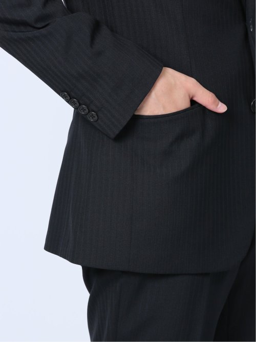 ウール混 レギュラーフィット 2ボタン2ピーススーツ ストライプ黒