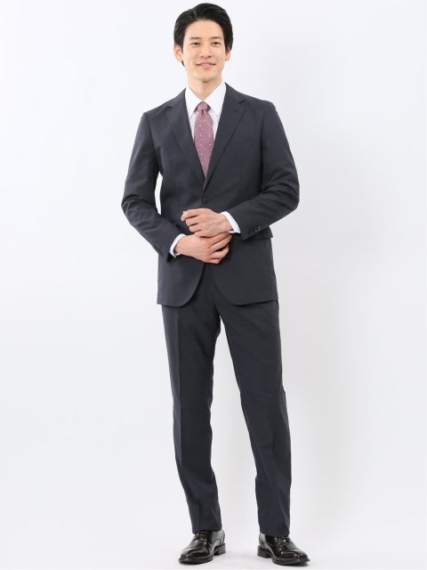 ウール調 ストレッチ ウォッシャブル スリムフィット 2ボタン 2ピース スーツ メランジ紺