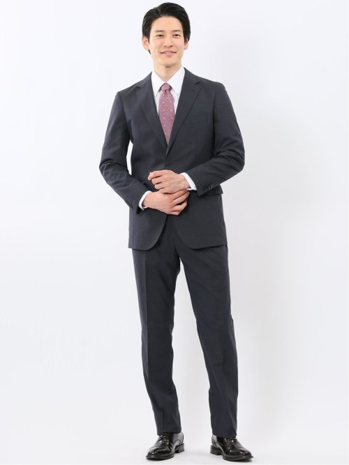 ウール調 ストレッチ ウォッシャブル スリムフィット 2ボタン 2ピース スーツ メランジ紺