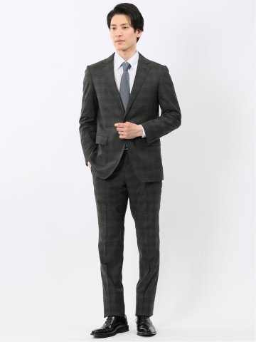 ウール調 ストレッチ ウォッシャブル スリムフィット 2ボタン 2ピース スーツ チェックグレー