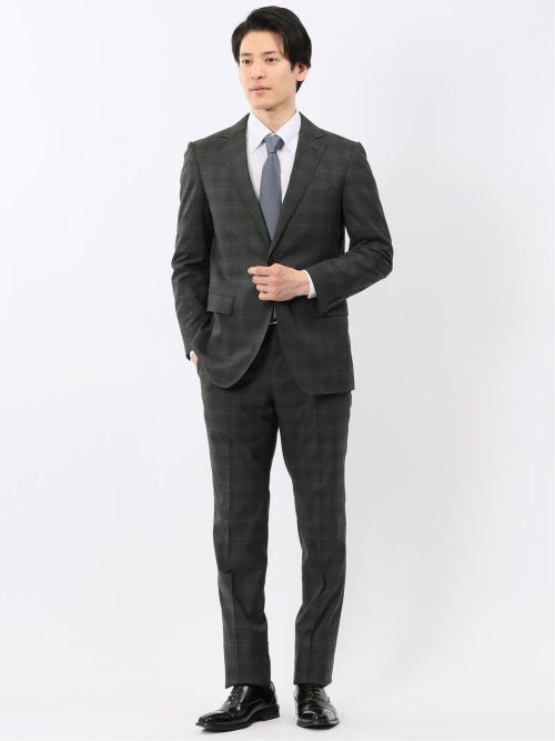 ウール調 ストレッチ ウォッシャブル スリムフィット 2ボタン 2ピース スーツ チェックグレー