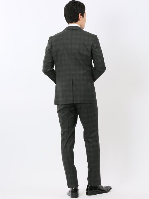 ウール調 ストレッチ ウォッシャブル スリムフィット 2ボタン 2ピース スーツ チェックグレー