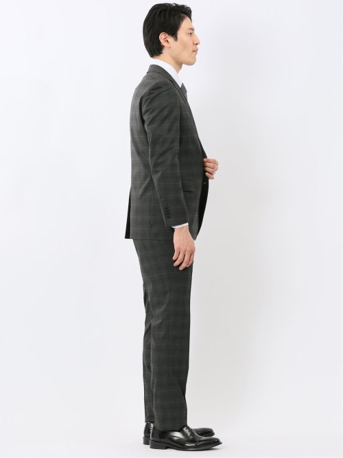 ウール調 ストレッチ ウォッシャブル スリムフィット 2ボタン 2ピース スーツ チェックグレー