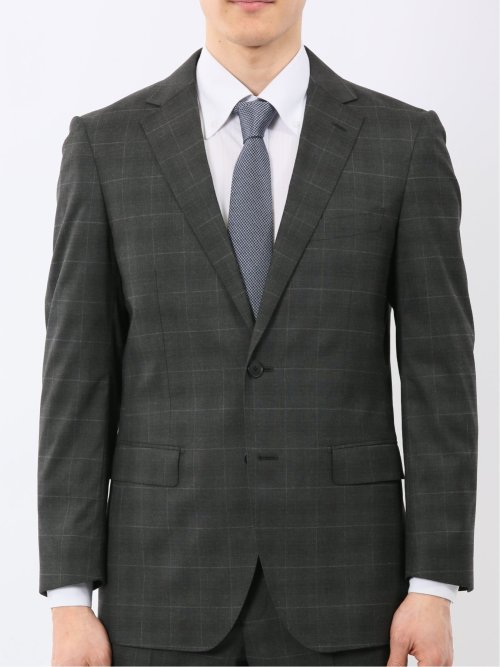 ウール調 ストレッチ ウォッシャブル スリムフィット 2ボタン 2ピース スーツ チェックグレー