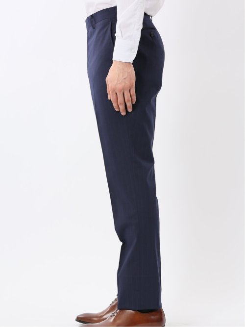 ウール調 ストレッチ ウォッシャブル スリムフィット 2ボタン 2ピース スーツ ストライプ紺