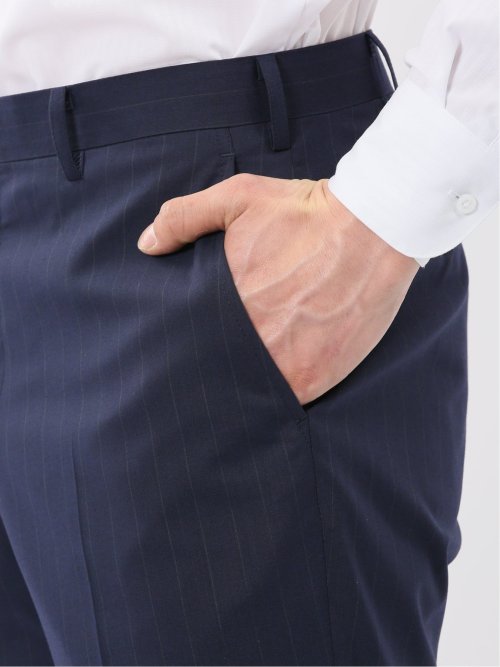 ウール調 ストレッチ ウォッシャブル スリムフィット 2ボタン 2ピース スーツ ストライプ紺