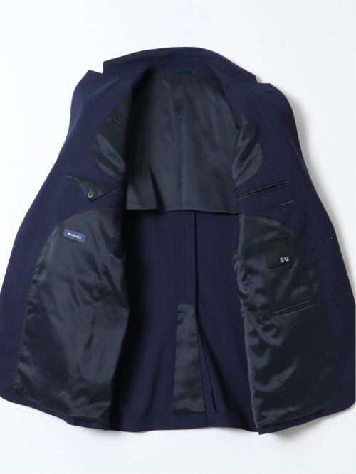 ウール調 ストレッチ ウォッシャブル スリムフィット 2ボタン 2ピース スーツ ストライプ紺