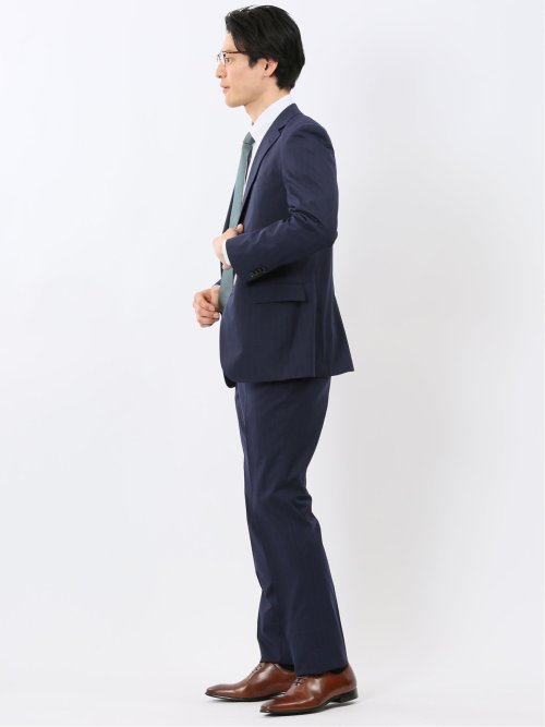 ウール調 ストレッチ ウォッシャブル スリムフィット 2ボタン 2ピース スーツ ストライプ紺