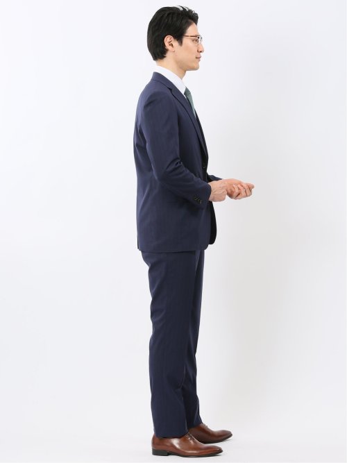 ウール調 ストレッチ ウォッシャブル スリムフィット 2ボタン 2ピース スーツ ストライプ紺