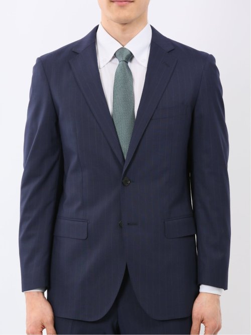 ウール調 ストレッチ ウォッシャブル スリムフィット 2ボタン 2ピース スーツ ストライプ紺
