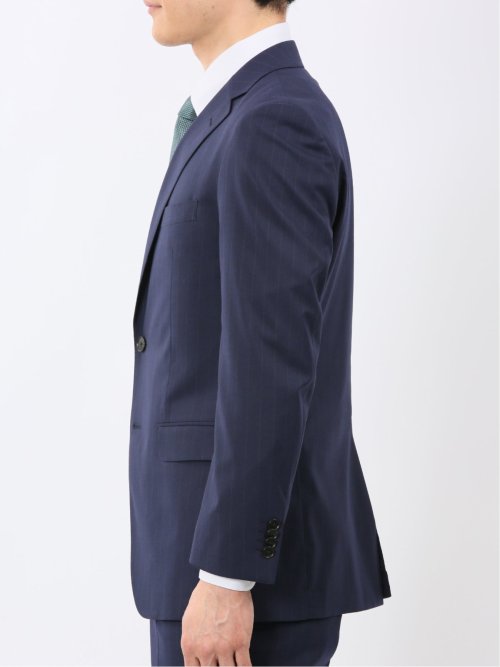 ウール調 ストレッチ ウォッシャブル スリムフィット 2ボタン 2ピース スーツ ストライプ紺