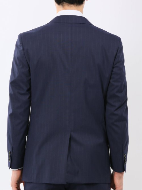 ウール調 ストレッチ ウォッシャブル スリムフィット 2ボタン 2ピース スーツ ストライプ紺