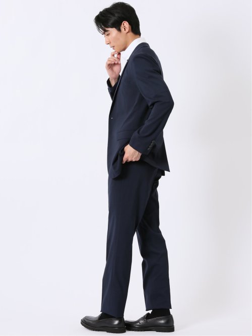 ストレッチ ウォッシャブル レギュラーフィット 2ボタン 2パンツ スーツ メランジ 紺