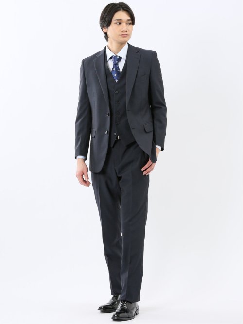 光沢ウール混 スリムフィット 2ボタン3ピーススーツ 組織青(Y4 70青