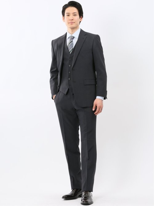 ストレッチ ウォッシャブル レギュラーフィット 2ボタン 3ピース スーツ チェック黒