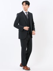 ウール調 ストレッチウォッシャブル スリムフィット 2ボタン3ピーススーツ チェック紺