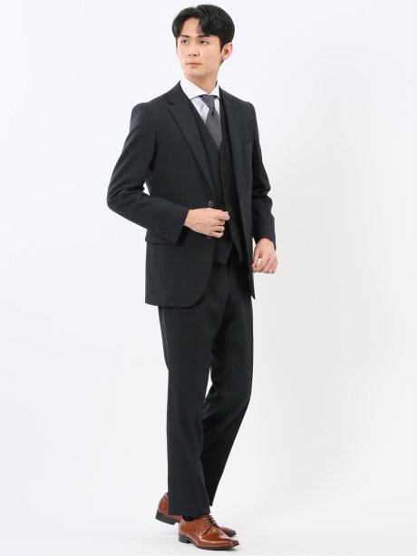 ウール調 ストレッチウォッシャブル スリムフィット 2ボタン3ピーススーツ チェック紺