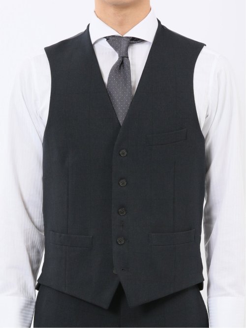 ウール調 ストレッチウォッシャブル スリムフィット 2ボタン3ピーススーツ チェック紺