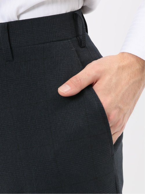 ウール調 ストレッチウォッシャブル スリムフィット 2ボタン3ピーススーツ チェック紺