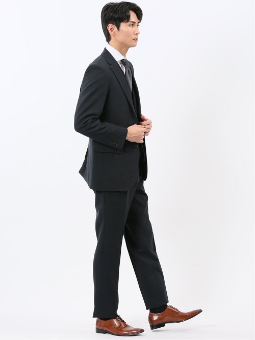 ウール調 ストレッチウォッシャブル スリムフィット 2ボタン3ピーススーツ チェック紺