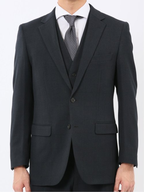 ウール調 ストレッチウォッシャブル スリムフィット 2ボタン3ピーススーツ チェック紺