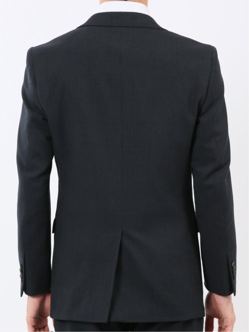 ウール調 ストレッチウォッシャブル スリムフィット 2ボタン3ピーススーツ チェック紺