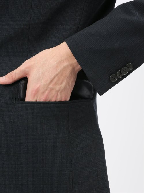 ウール調 ストレッチウォッシャブル スリムフィット 2ボタン3ピーススーツ チェック紺