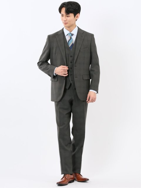 ウール調 ストレッチウォッシャブル レギュラーフィット 2ボタン3ピーススーツ チェックグレー