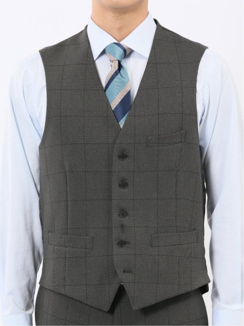 ウール調 ストレッチウォッシャブル レギュラーフィット 2ボタン3ピーススーツ チェックグレー