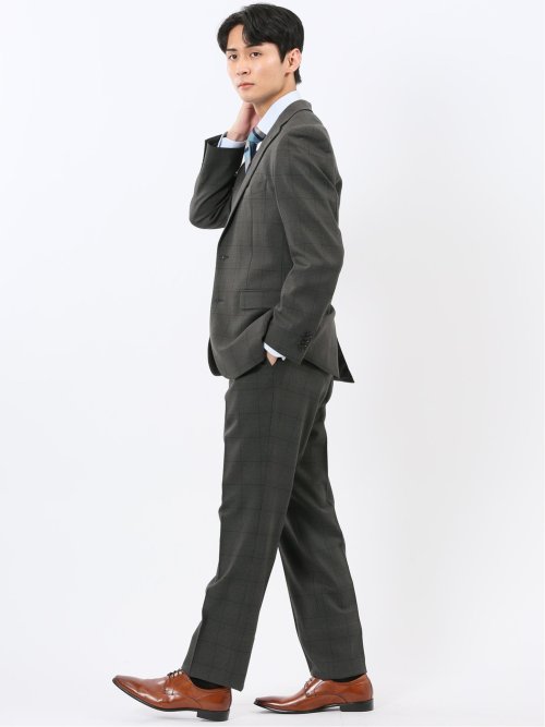 ウール調 ストレッチウォッシャブル レギュラーフィット 2ボタン3ピーススーツ チェックグレー