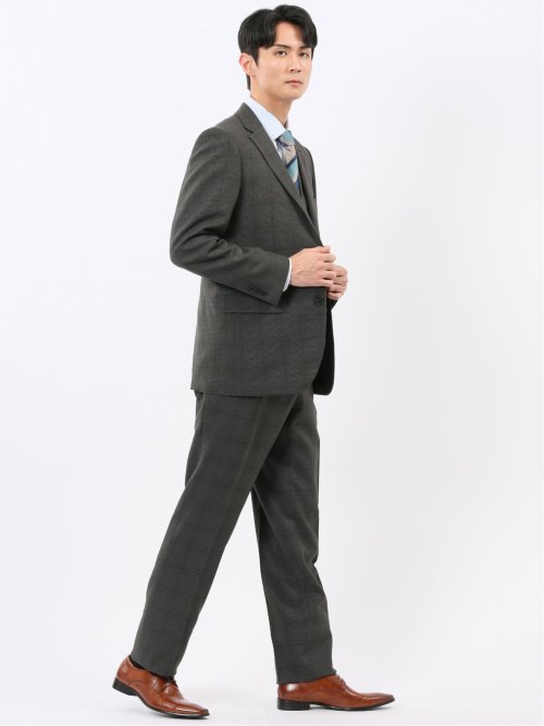 ウール調 ストレッチウォッシャブル レギュラーフィット 2ボタン3ピーススーツ チェックグレー