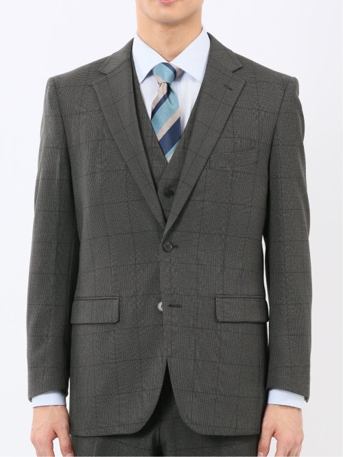 ウール調 ストレッチウォッシャブル レギュラーフィット 2ボタン3ピーススーツ チェックグレー
