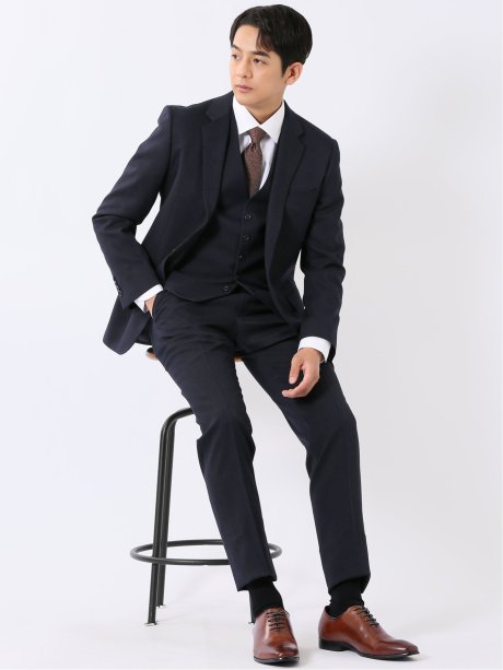 スーツ メンズ 上下 セットアップ スリーピース ビジネス ストレッチ ウォッシャブル 2つボタン スリム ベスト付き ウール調 紺