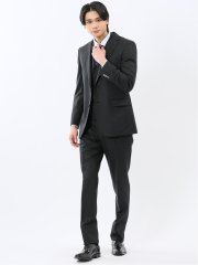 光沢ウール混 スリムフィット 2ボタン3ピーススーツ 組織黒