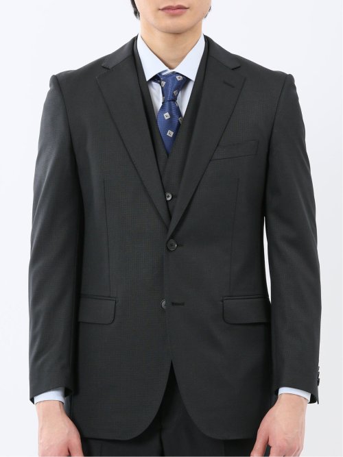 光沢ウール混 スリムフィット 2ボタン3ピーススーツ 組織黒