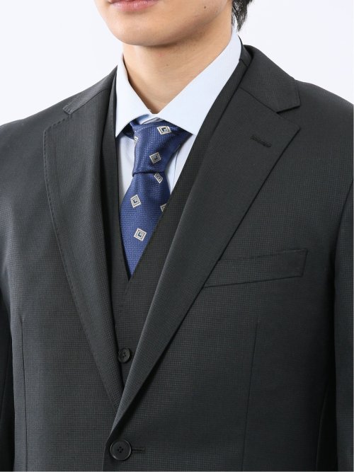 光沢ウール混 スリムフィット 2ボタン3ピーススーツ 組織黒