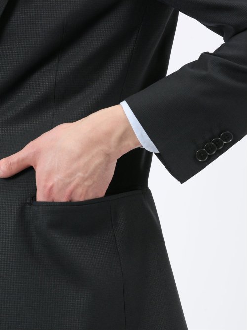 光沢ウール混 スリムフィット 2ボタン3ピーススーツ 組織黒