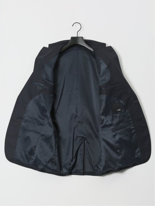 光沢ウール混 スリムフィット 2ボタン2ピーススーツ チェック紺