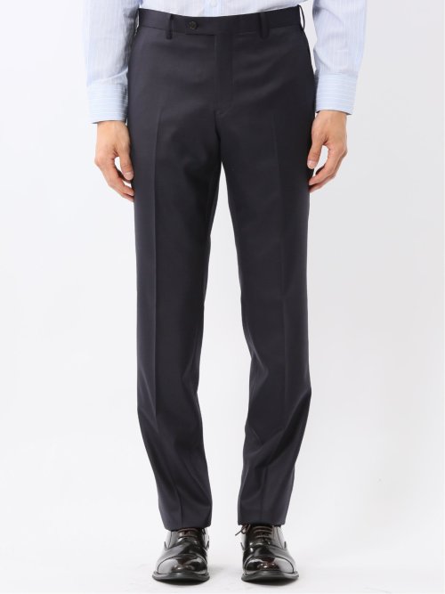 光沢ウール混 スリムフィット 2ボタン2ピーススーツ チェック紺