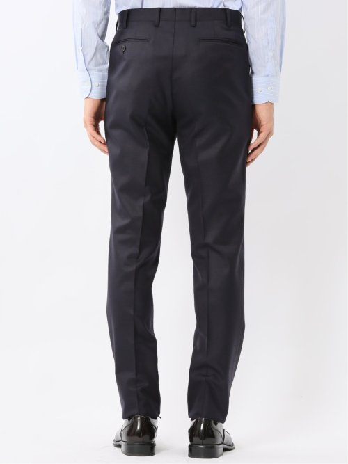 光沢ウール混 スリムフィット 2ボタン2ピーススーツ チェック紺