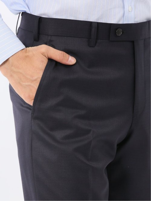 光沢ウール混 スリムフィット 2ボタン2ピーススーツ チェック紺