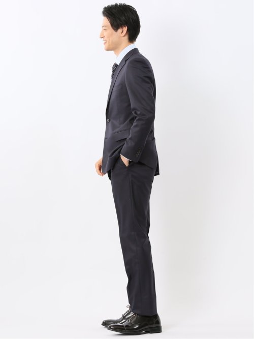 光沢ウール混 スリムフィット 2ボタン2ピーススーツ チェック紺