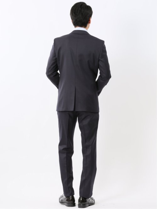 光沢ウール混 スリムフィット 2ボタン2ピーススーツ チェック紺