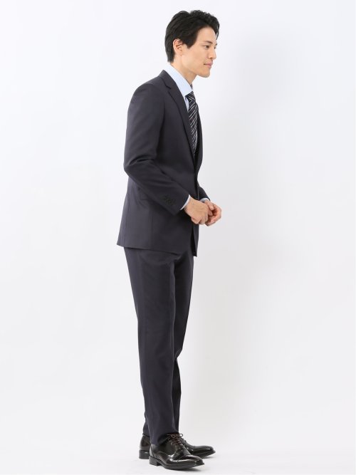 光沢ウール混 スリムフィット 2ボタン2ピーススーツ チェック紺