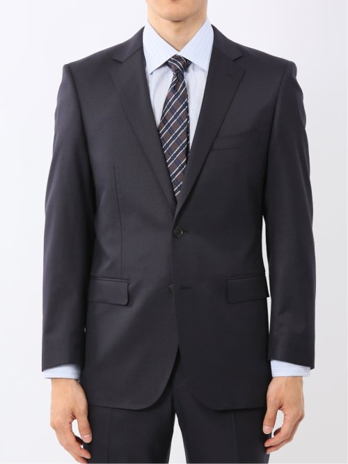 光沢ウール混 スリムフィット 2ボタン2ピーススーツ チェック紺