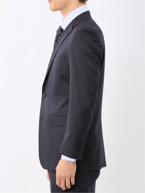 光沢ウール混 スリムフィット 2ボタン2ピーススーツ チェック紺