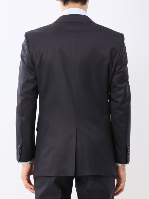 光沢ウール混 スリムフィット 2ボタン2ピーススーツ チェック紺