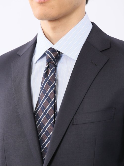 光沢ウール混 スリムフィット 2ボタン2ピーススーツ チェック紺