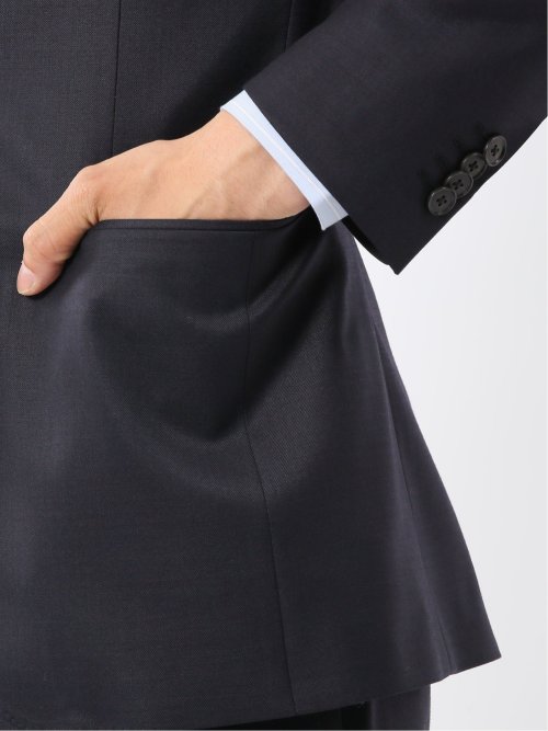 光沢ウール混 スリムフィット 2ボタン2ピーススーツ チェック紺