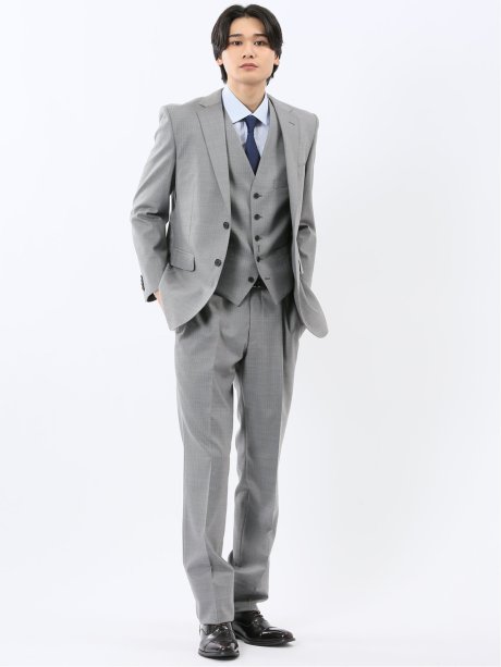 光沢ウール混 レギュラーフィット 2ボタン3ピーススーツ ストライプグレー
